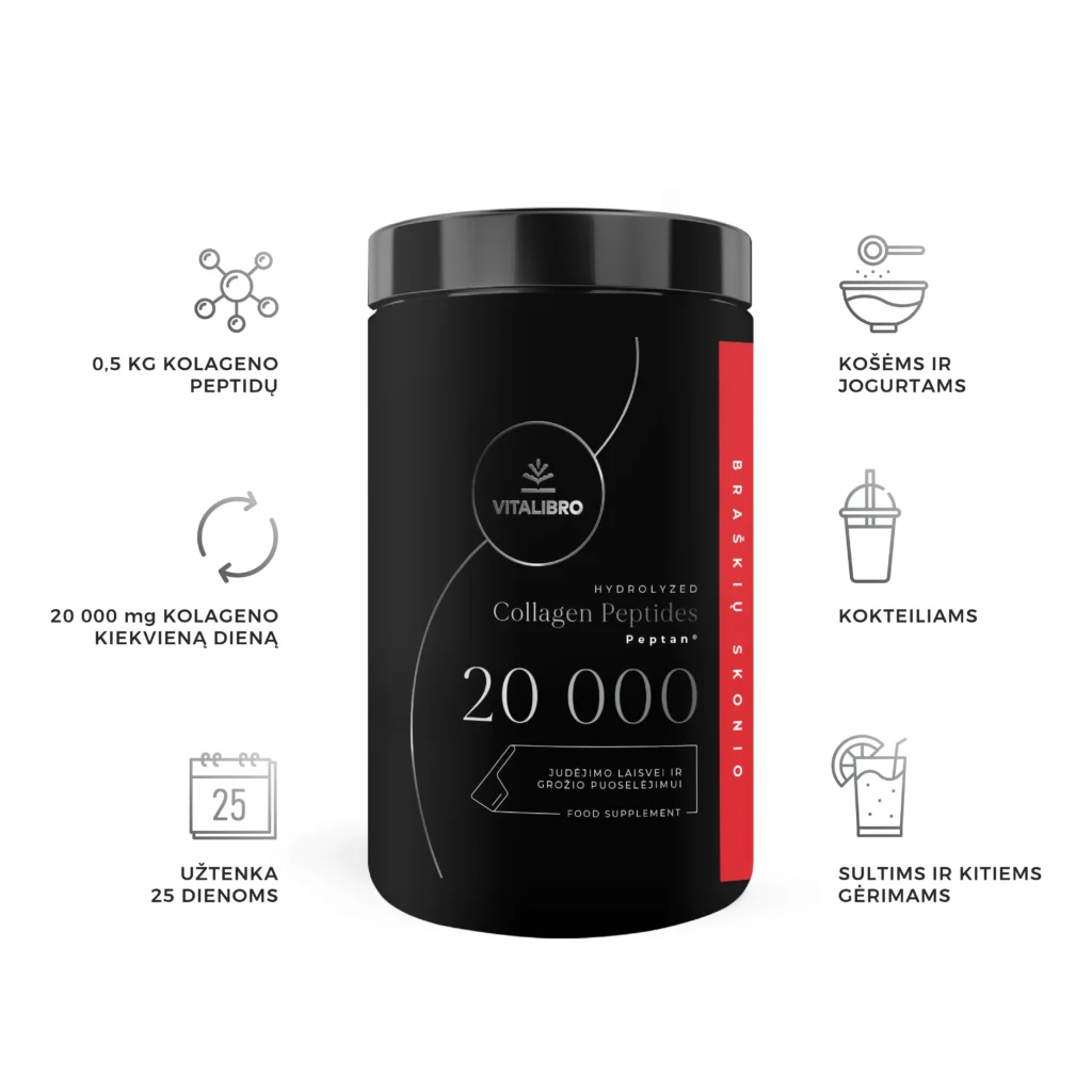 Hidrolizuotas kolagenas COLLAGEN 20 000, braškių skonio su saldikliu